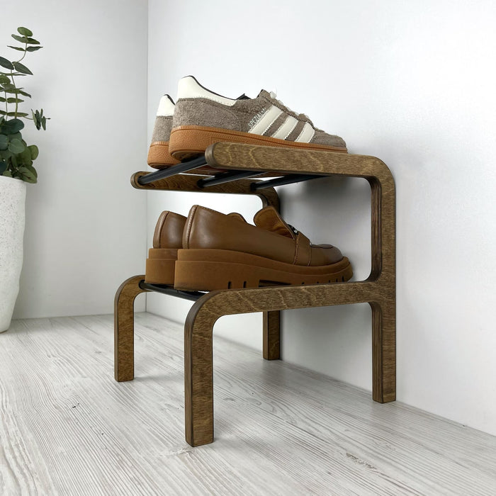 Small Double - Layer Wooden Shoe Shelf | Walnut + Black Rods - Image 3