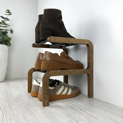 Small Double - Layer Wooden Shoe Shelf | Walnut + Black Rods - Image 1