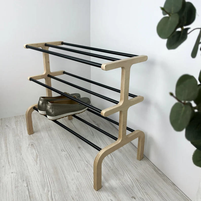 3 Tier Free Standing Shoe Organizer | Natural + Black Rods - Image 1