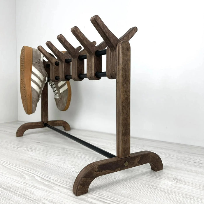 Unique Double Sided Wooden Shoe Stand | Walnut + Black Rods - Image 1