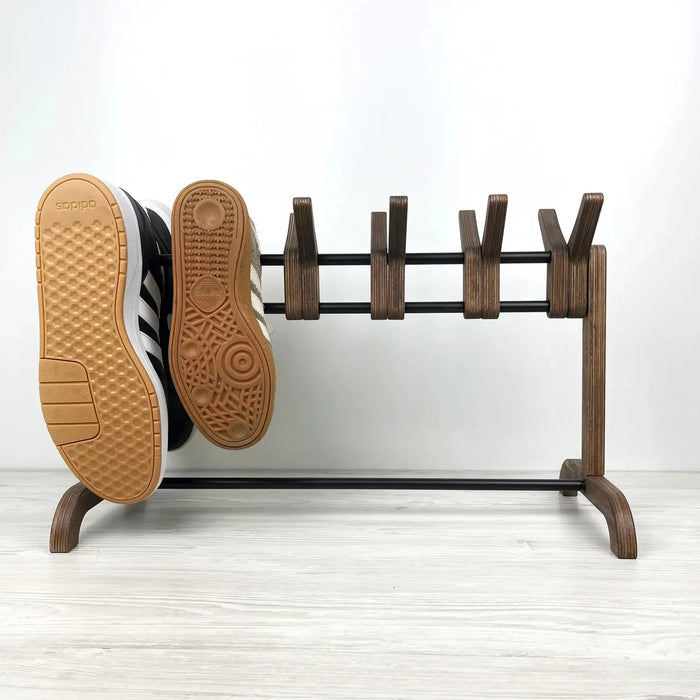 Unique Double Sided Wooden Shoe Stand | Walnut + Black Rods - Image 3
