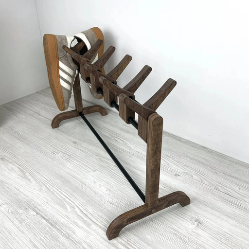 Unique Double Sided Wooden Shoe Stand | Walnut + Black Rods - Image 2