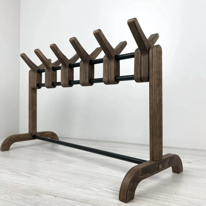 Unique Double Sided Wooden Shoe Stand | Walnut + Black Rods - Image 4
