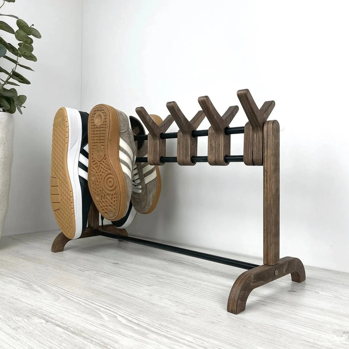 Unique Double Sided Wooden Shoe Stand | Walnut + Black Rods - Image 6