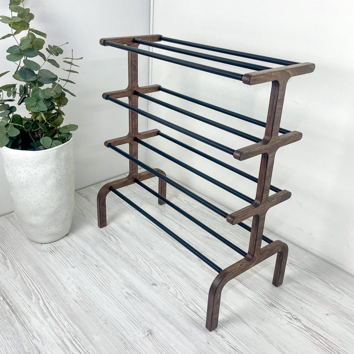 Стелаж для взуття з натурального дерева на 4 яруси | Горіх + Чорний