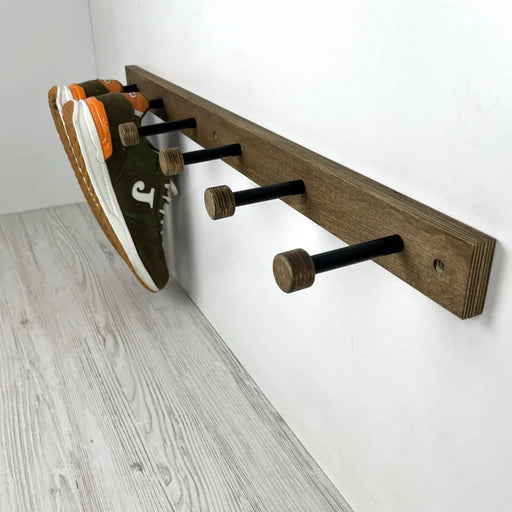Walnut Wall - Mounted Wooden Shelf for Shoes With Metal Hooks - Image 1