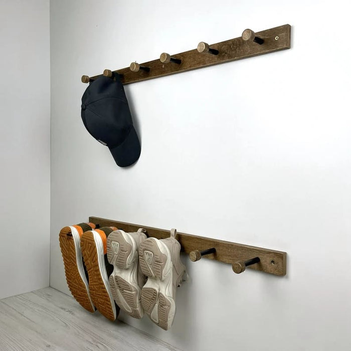 Walnut Wall - Mounted Wooden Shelf for Shoes With Metal Hooks - Image 3