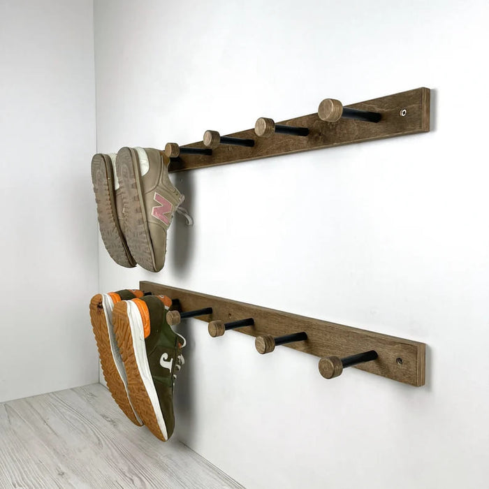 Walnut Wall - Mounted Wooden Shelf for Shoes With Metal Hooks - Image 2