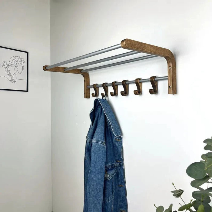 Wall Mounted Coat Rack for Entryway | Walnut + Silver Rods - Image 1