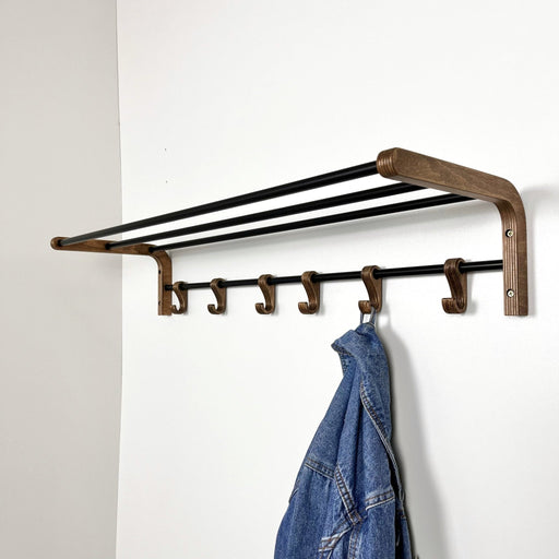 Wooden Coat Rack With Hooks And Shelf Walnut - Image 1