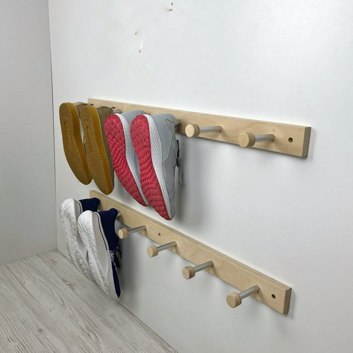 Wooden Natural Wall Shelf With Metal Hooks for Shoes - Image 2