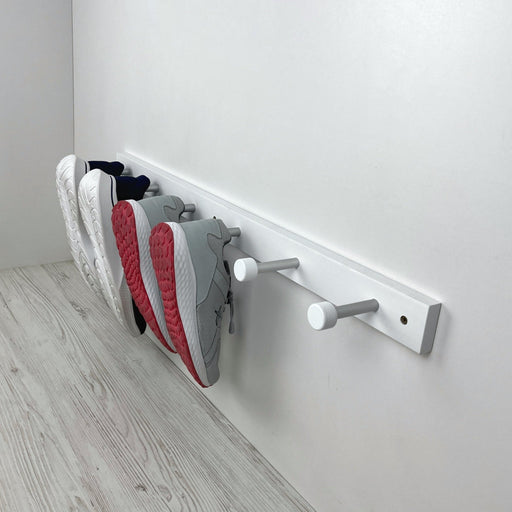 Wooden White Wall Shelf With Metal Hooks for Shoes - Image 2