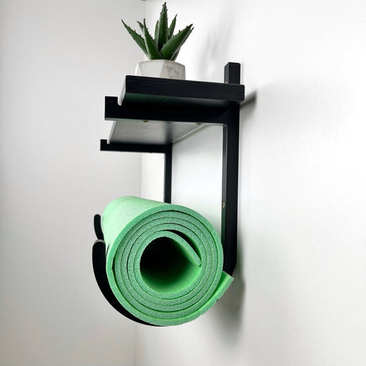 Yoga Mat Wall Rack with Shelf | Black - Image 2